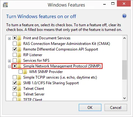 The Windows Features dialog with the SNMP feature selected