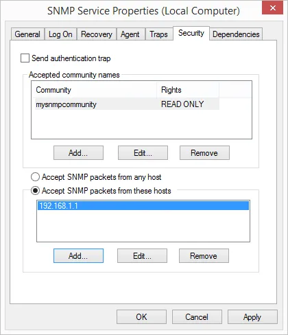 The SNMP Service properties Security tab with a read-only community configured