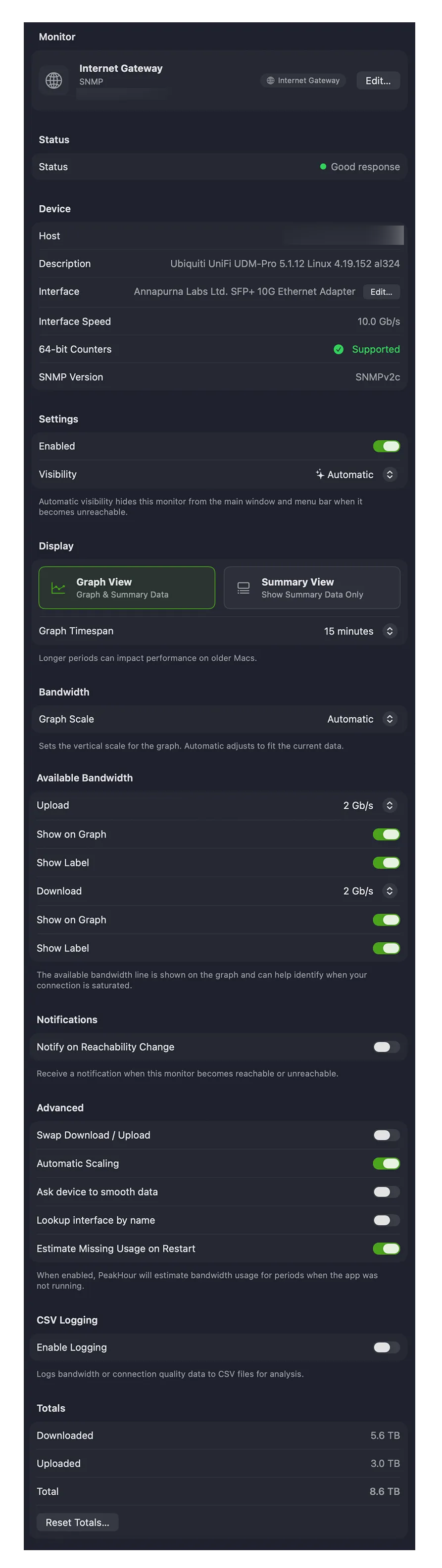 The Bandwidth Monitor settings page