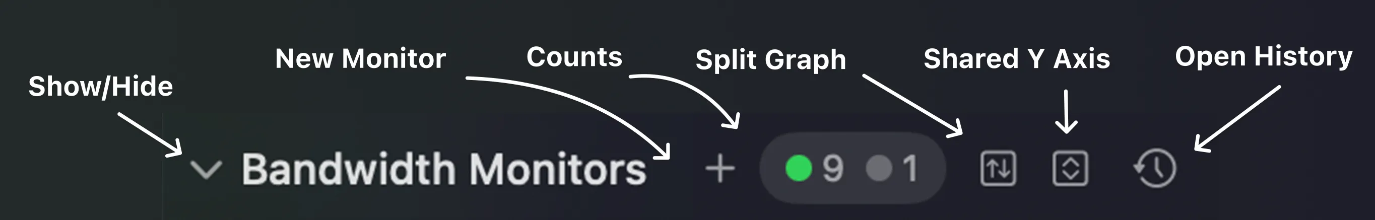 The Bandwidth Monitors section header with its controls labelled
