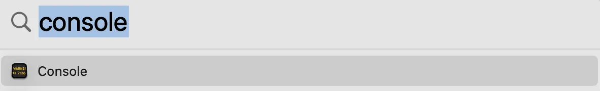 Searching for the Console app in Spotlight