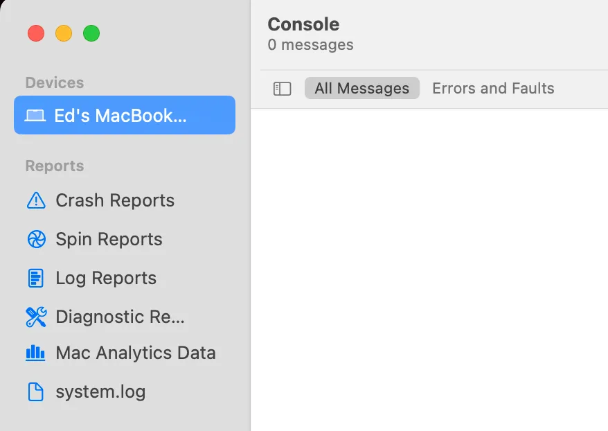The Console Sources view with the Mac selected under Devices