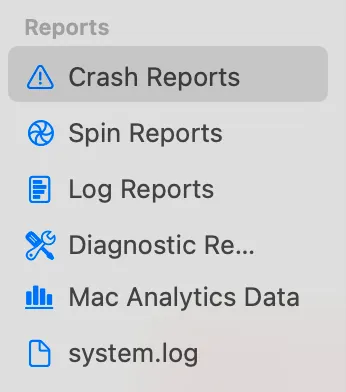 The Console Sources view with Crash Reports selected