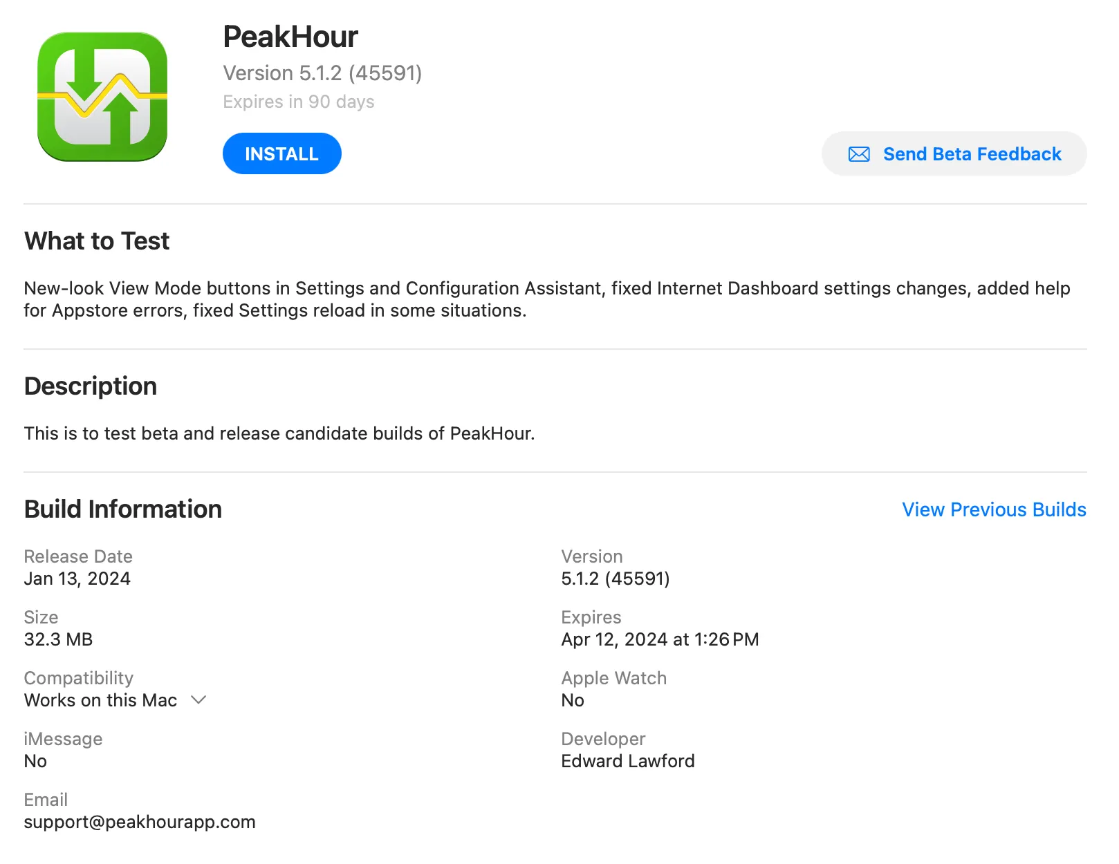 PeakHour shown in TestFlight with the Install button