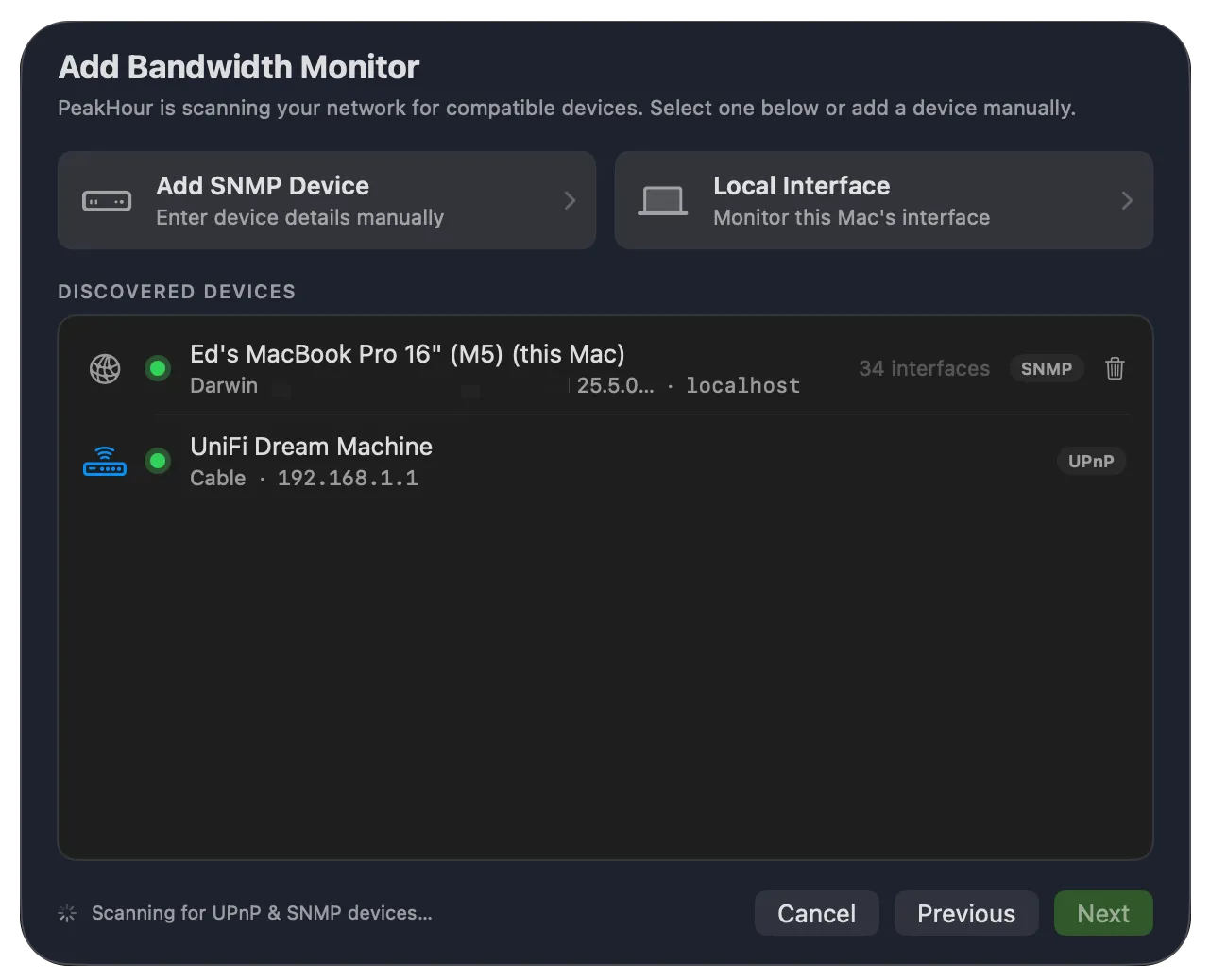 Add Bandwidth Monitor screen showing Add SNMP Device and Local Interface buttons above a list of discovered devices