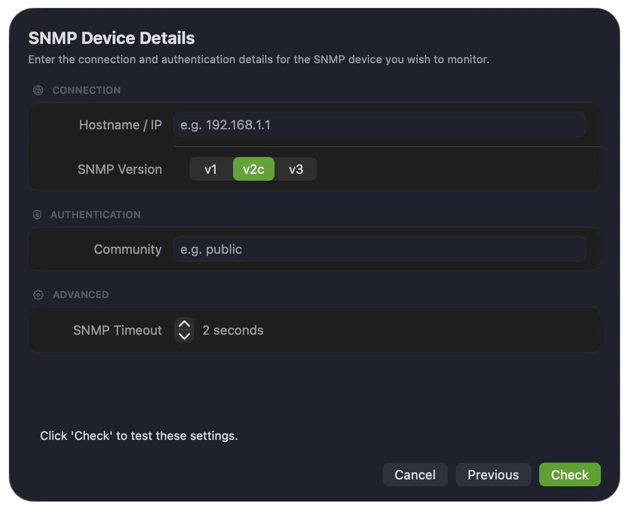 SNMP Device Details screen with Hostname / IP, SNMP Version, Community and SNMP Timeout fields