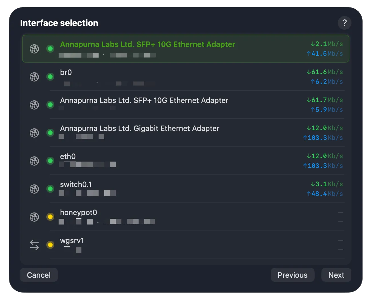 Interface selection screen listing the device's interfaces, each with live throughput readings