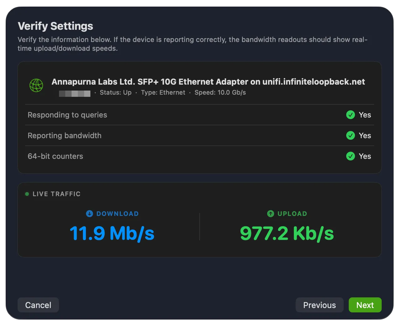 Verify Settings screen showing the interface checks and a live traffic readout for download and upload