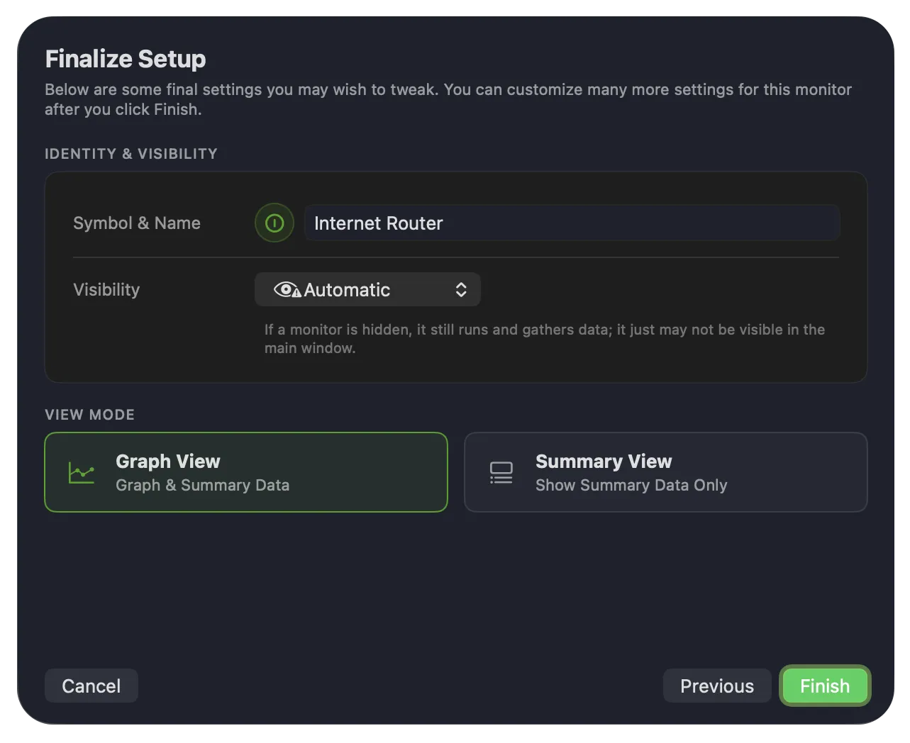 Finalize Setup screen with Symbol & Name, Visibility, and View Mode options
