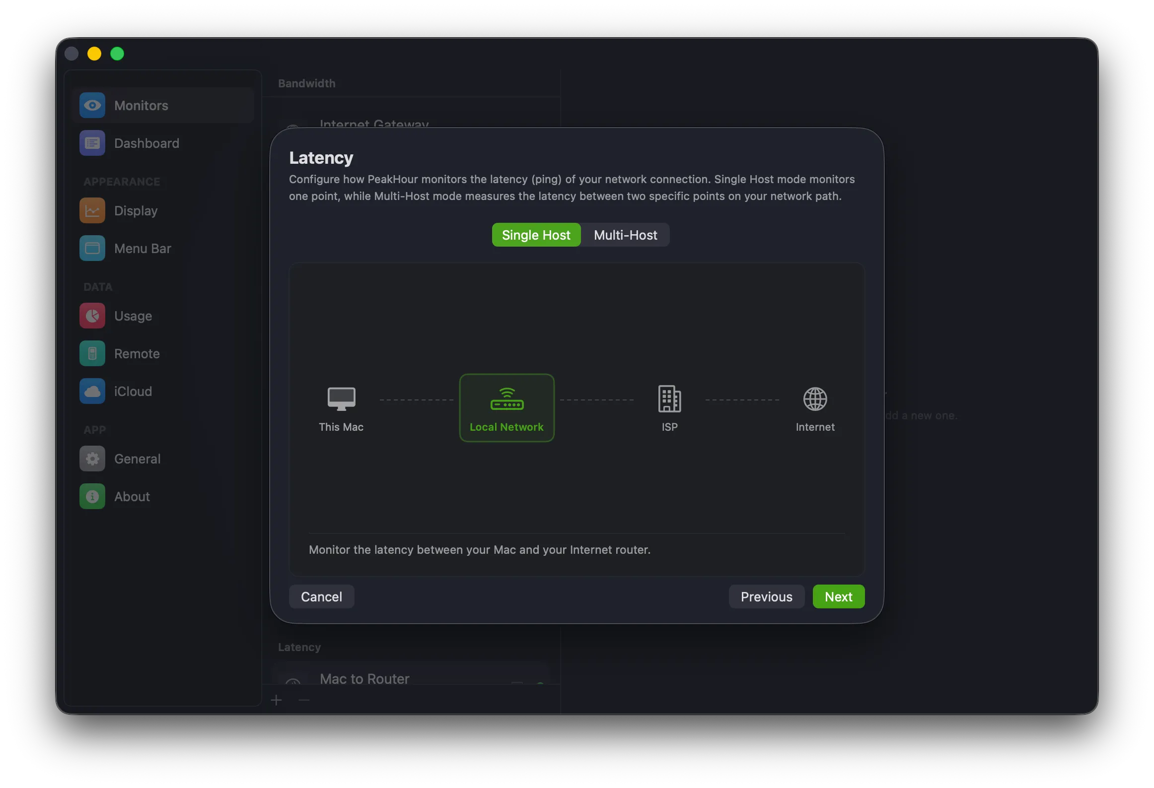 Latency screen in Single Host mode with Local Network selected