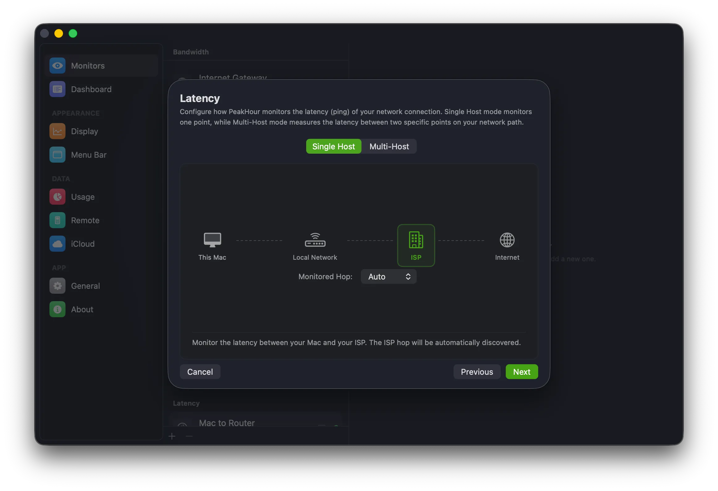Latency screen in Single Host mode with ISP selected and the Monitored Hop dropdown set to Auto