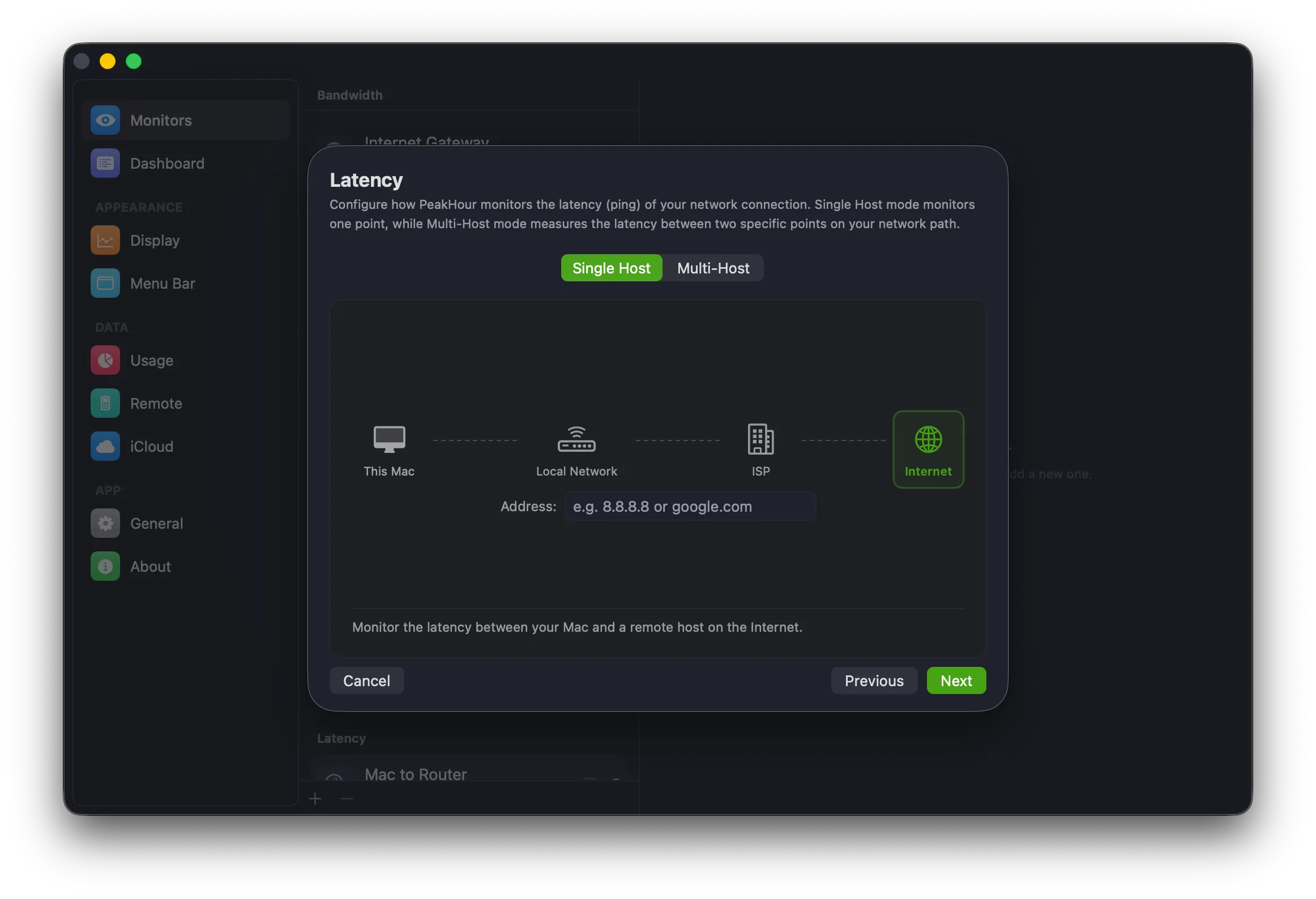 Latency screen in Single Host mode with Internet selected and an Address field
