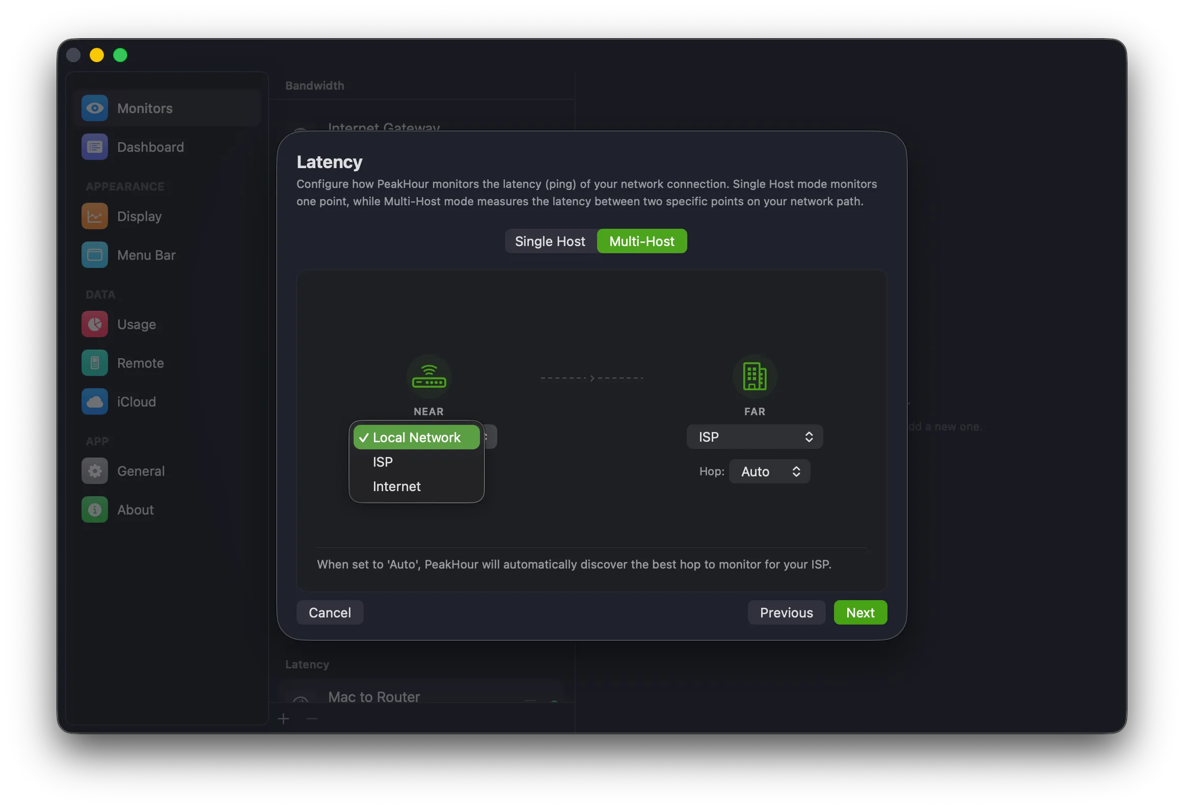 Latency screen in Multi-Host mode with the Near endpoint dropdown open