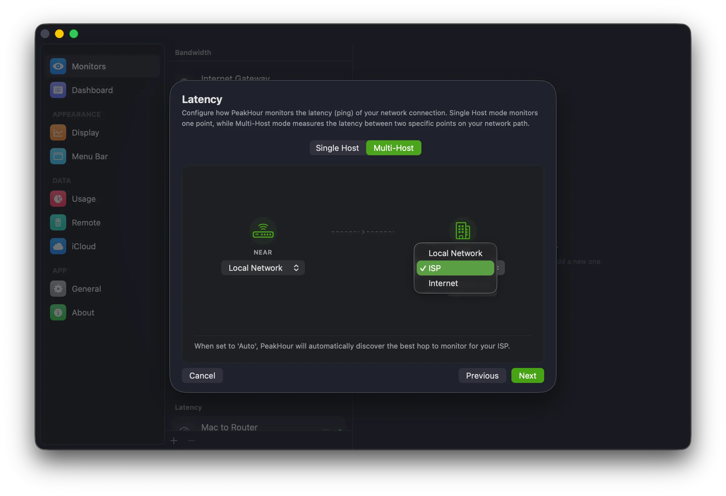 Latency screen in Multi-Host mode with the Far endpoint dropdown open