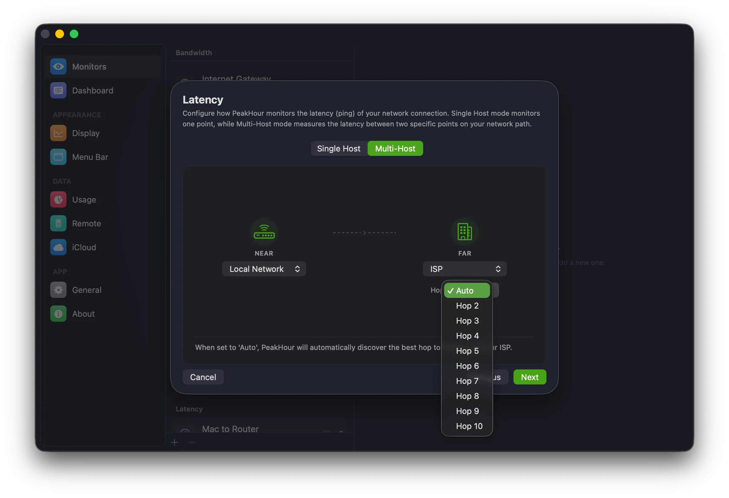 Multi-Host mode with the Far endpoint set to ISP and the Hop dropdown showing Auto and Hop 2 to Hop 10