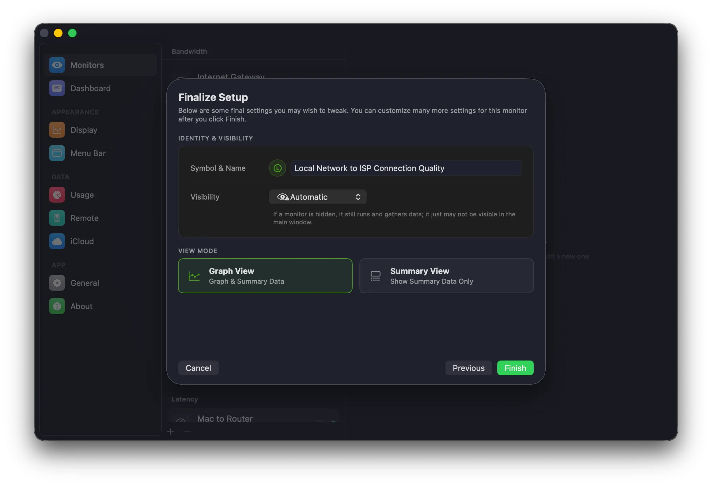 Finalize Setup screen with Symbol & Name, Visibility, and View Mode options