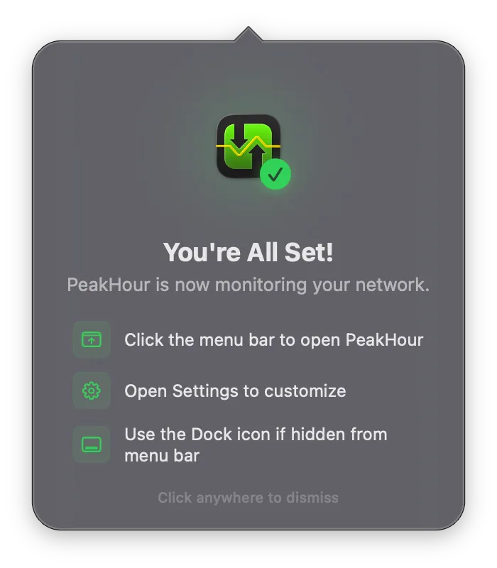 You're All Set popover anchored from the menu bar