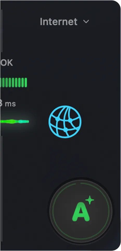 Internet segment showing status, latency graph, globe icon and the overall connection quality rating