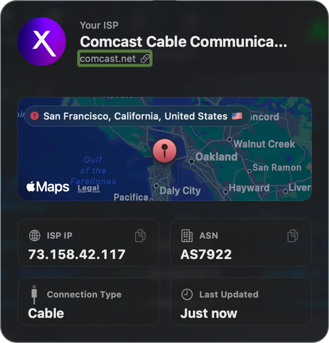 ISP popover showing provider name, website, geolocated map, ISP IP, ASN, connection type and last updated time