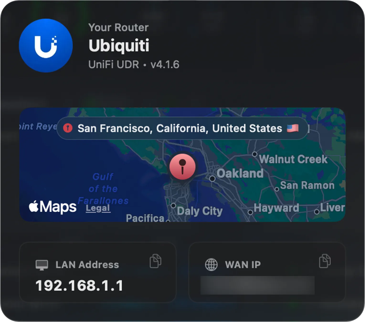 Router popover showing brand, model, geolocated map, LAN address and WAN IP