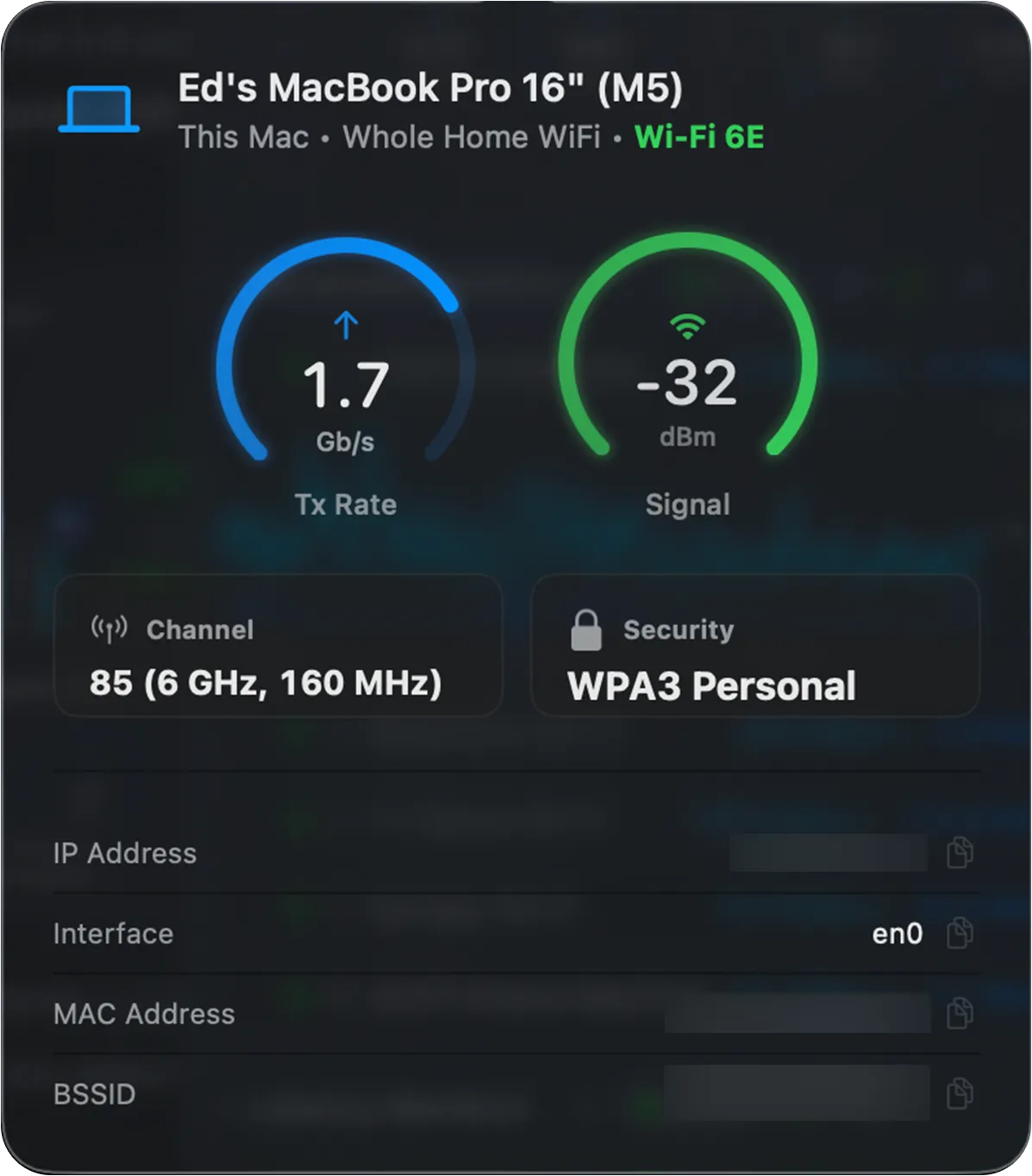 This Mac popover showing Tx rate, signal, channel, security and network identifiers for a Wi-Fi connection