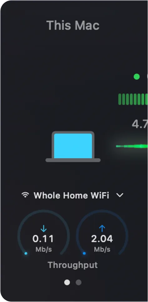 This Mac segment showing status, latency graph, connection selector and throughput dials