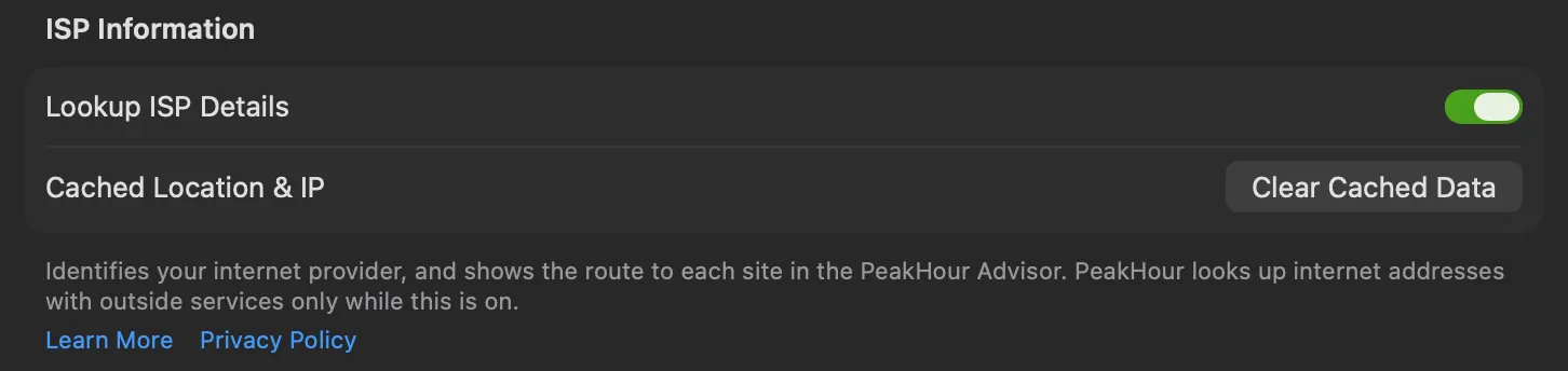 The ISP Information section of Settings, with Learn More and Privacy Policy
