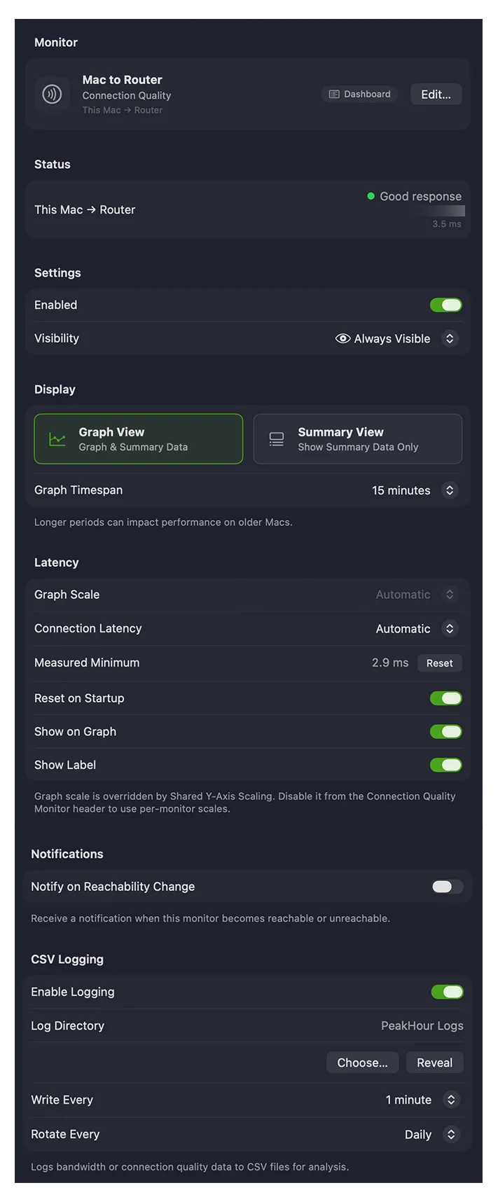 The Latency Monitor settings page