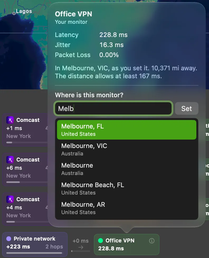 A monitor at a private address with its Private network box, and the city search under Where is this monitor?