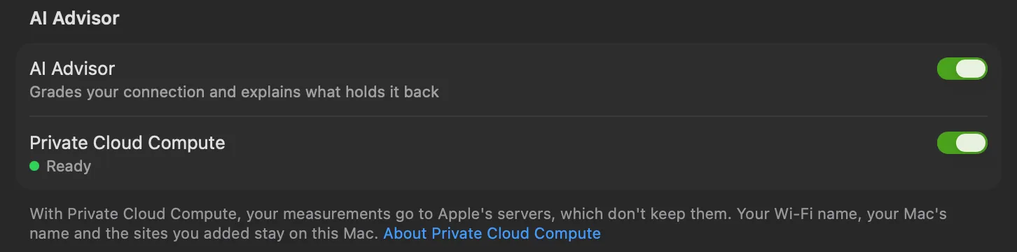 Settings, Dashboard, AI Advisor with Private Cloud Compute on and Ready