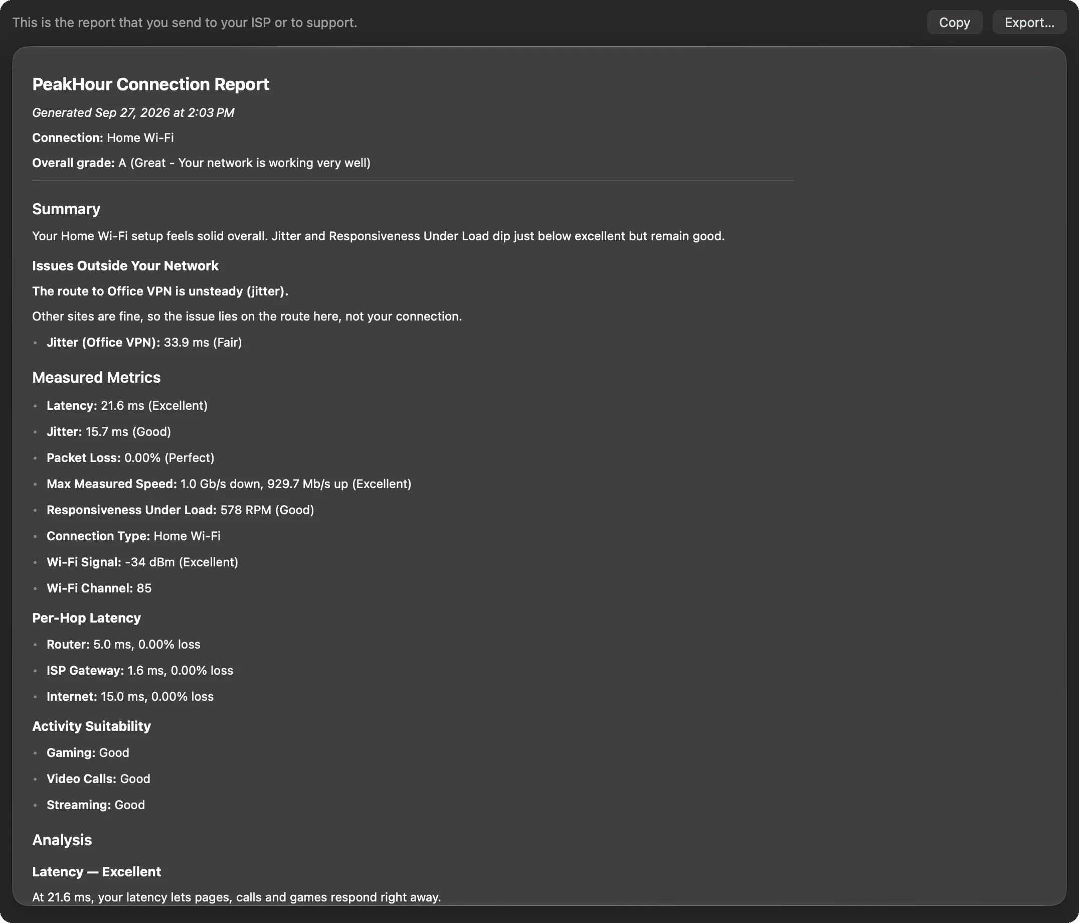 The Report page, with Copy and Export