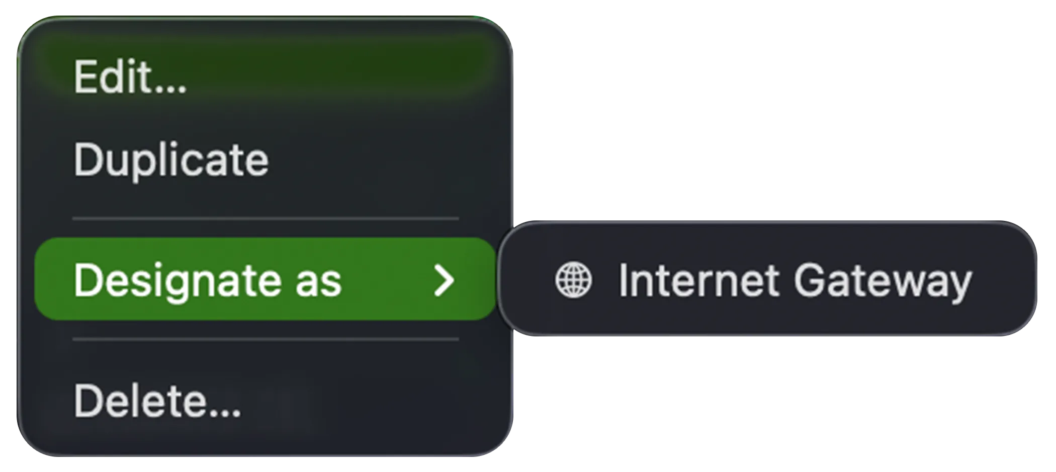 Right-click menu on a bandwidth monitor showing Designate as → Internet Gateway