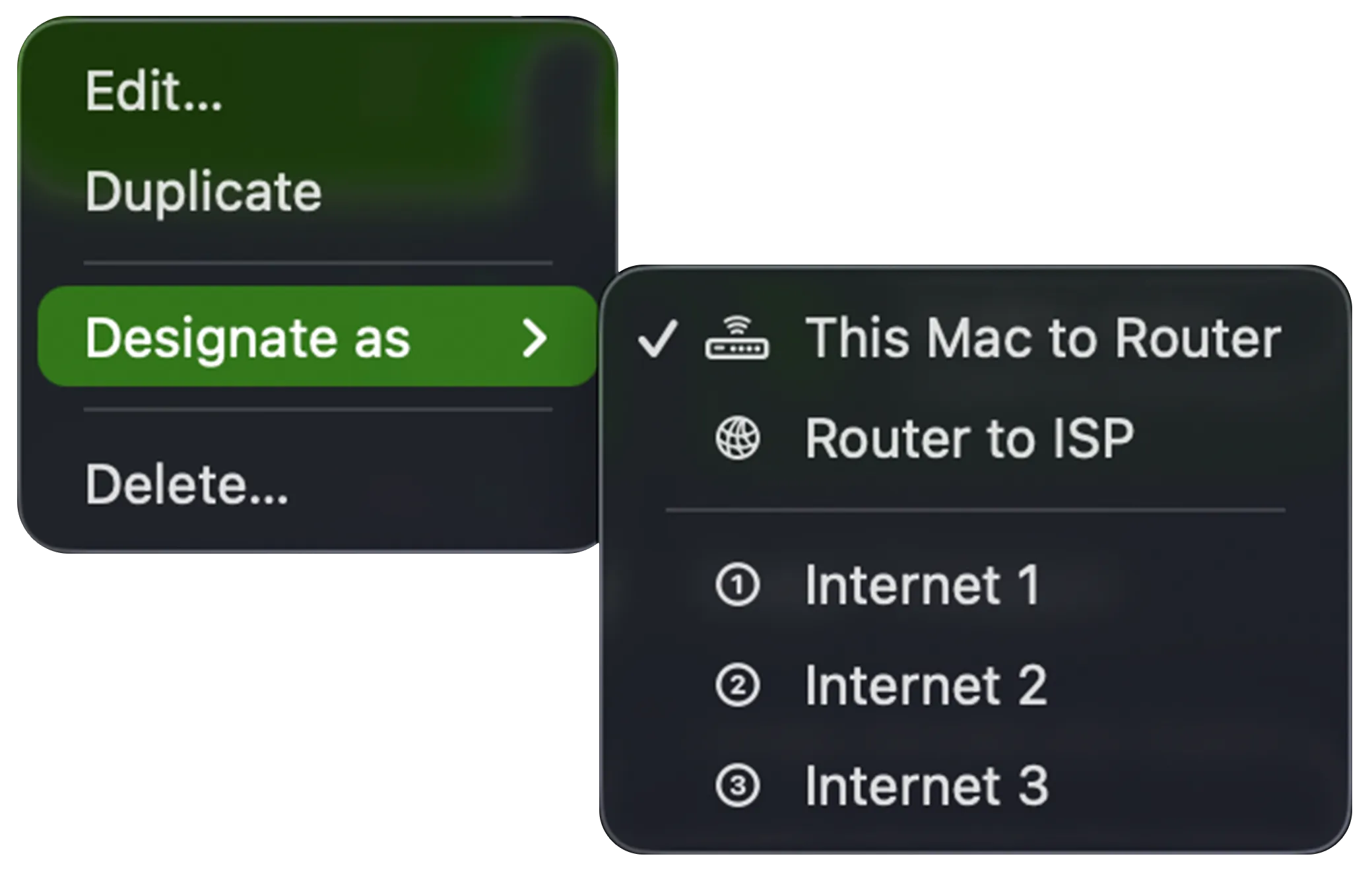 Right-click menu on a latency monitor showing Designate as with This Mac to Router, Router to ISP, and Internet 1 to 3