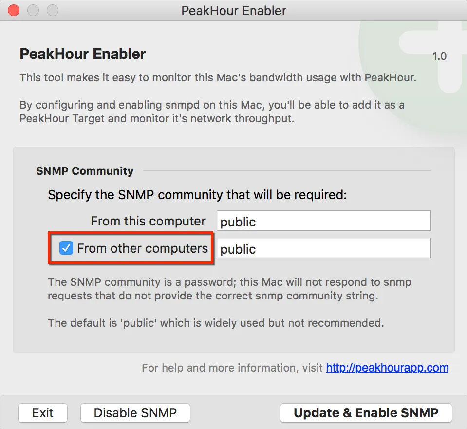 PeakHour Enabler with the From other computers checkbox