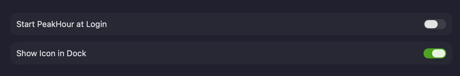 The General settings page showing Start PeakHour at Login and Show Icon in Dock