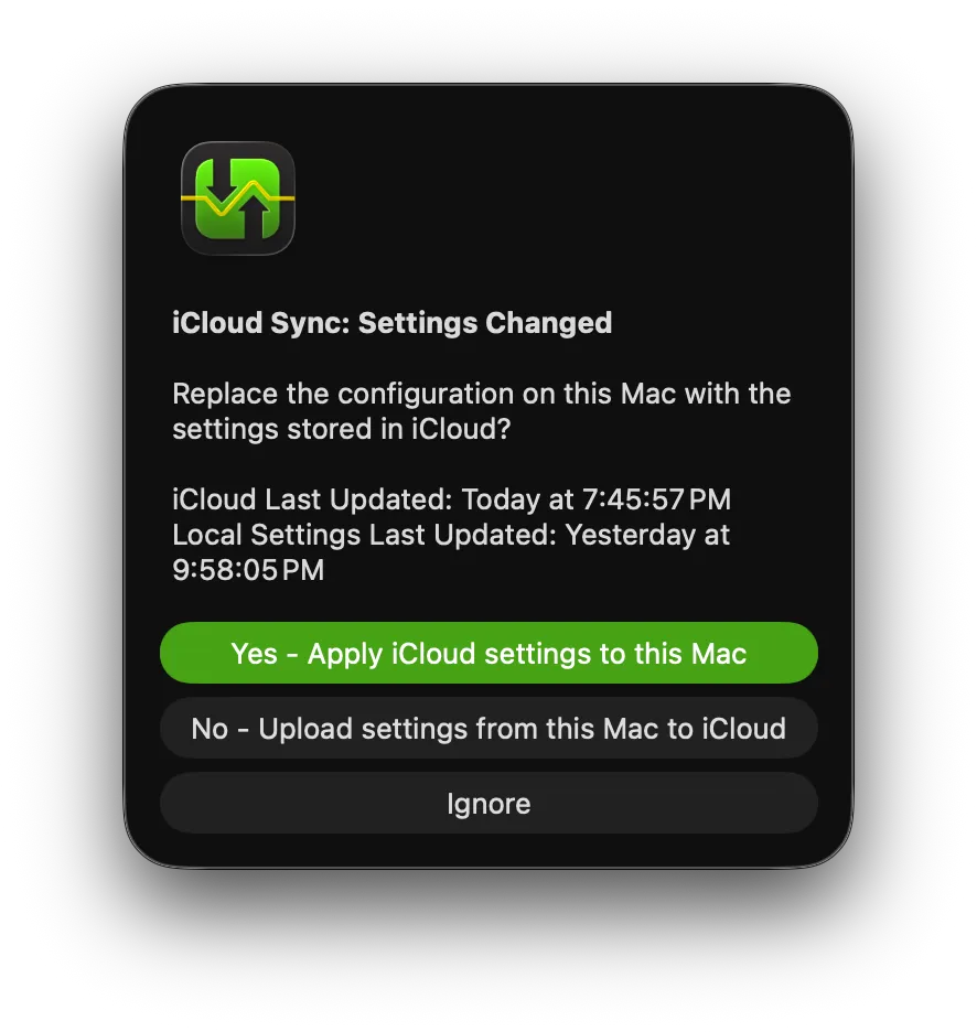 The iCloud Sync: Settings Changed dialog asking whether to replace this Mac's configuration with the version in iCloud