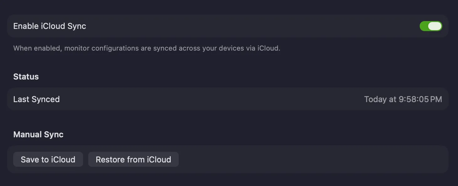 The iCloud settings page showing Enable iCloud Sync, the last-synced status, and Manual Sync buttons
