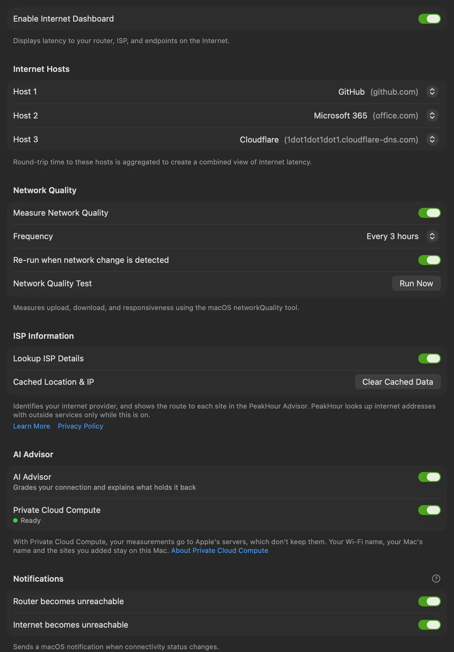 The Internet Dashboard settings page