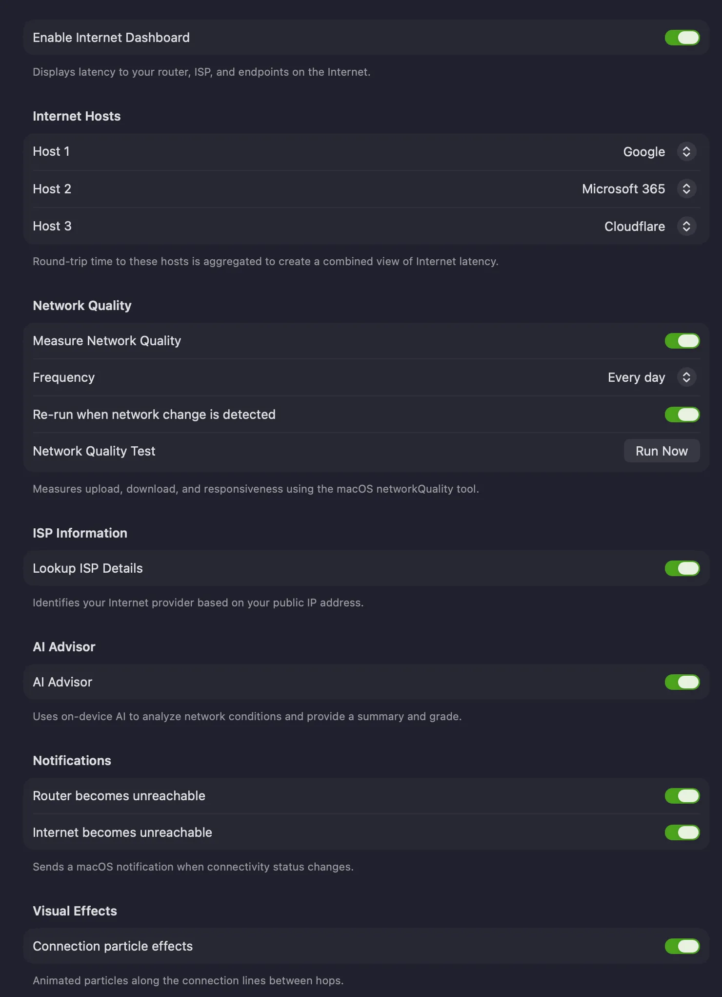 The Dashboard settings page showing the Network Quality options