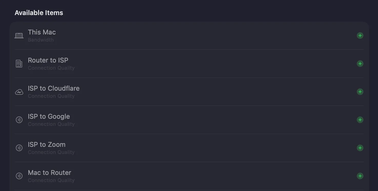The Available Items list — monitors not yet in the menu bar, each with an add button