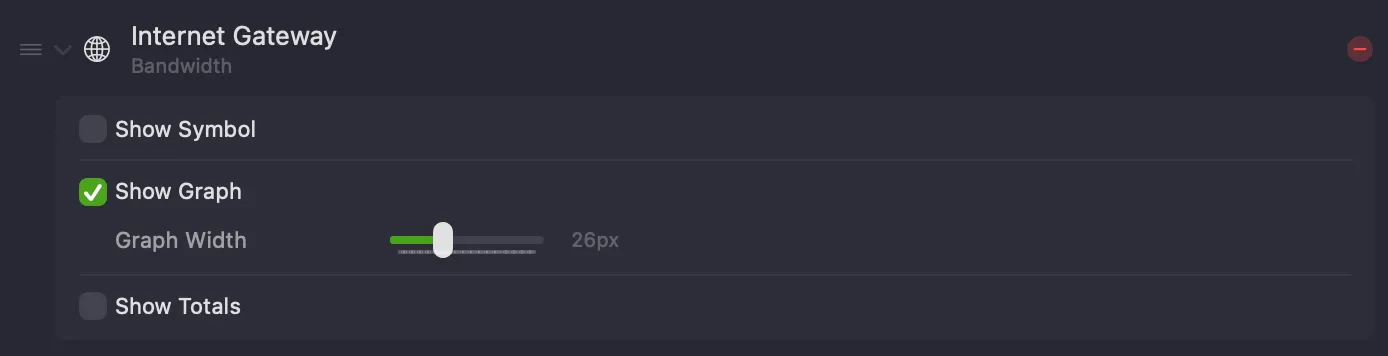 Bandwidth menu bar item options — Show Symbol, Show Graph with Graph Width, and Show Totals