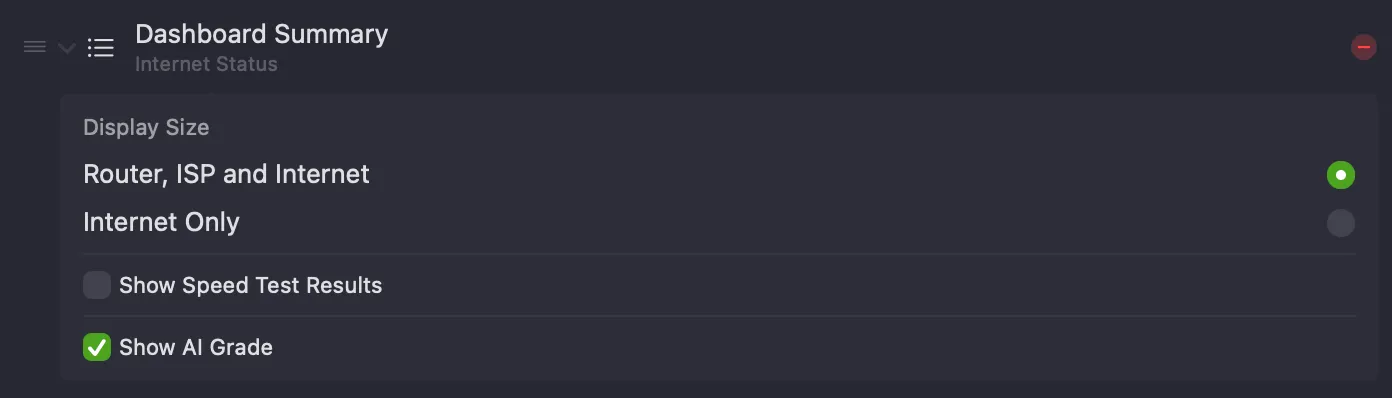 Dashboard Summary options — Display Size (Router, ISP and Internet / Internet Only), Show Speed Test Results, Show AI Grade