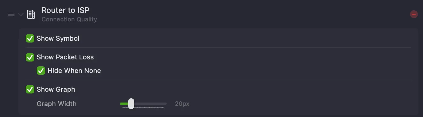 Latency menu bar item options — Show Symbol, Show Packet Loss with Hide When None, and Show Graph with Graph Width