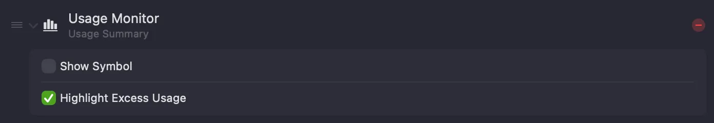 Usage Monitor menu bar item options — Show Symbol and Highlight Excess Usage