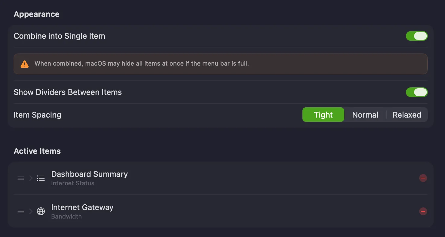 The Menu Bar settings page, showing the Appearance options and the Active Items list