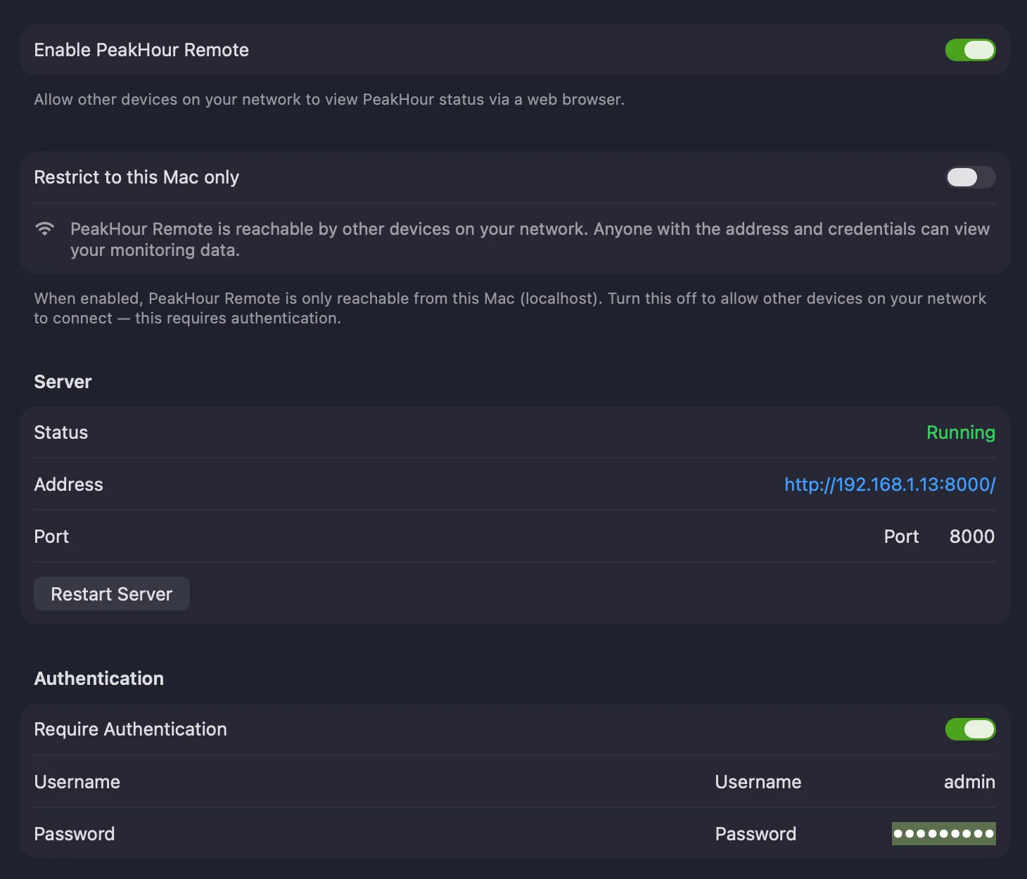 PeakHour Remote settings showing Enable, the Server section (Status, Address, Port, Restart Server) and Authentication