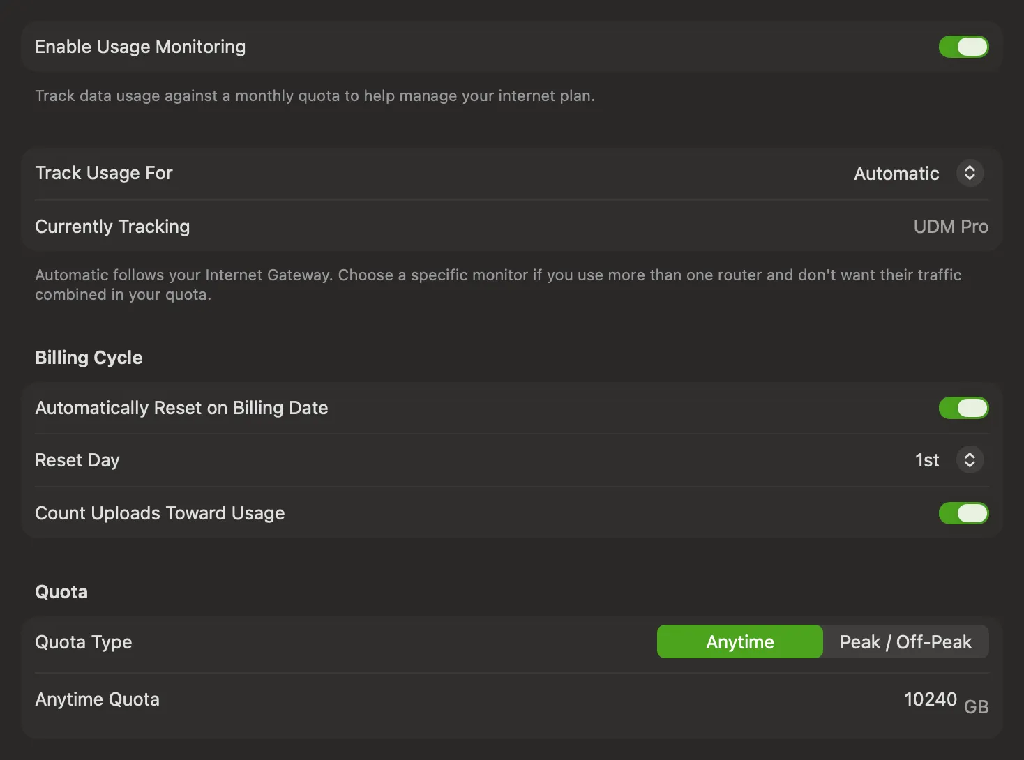 Usage settings tab showing Enable Usage Monitoring, Track Usage For set to Automatic with Currently Tracking, Billing Cycle and Quota