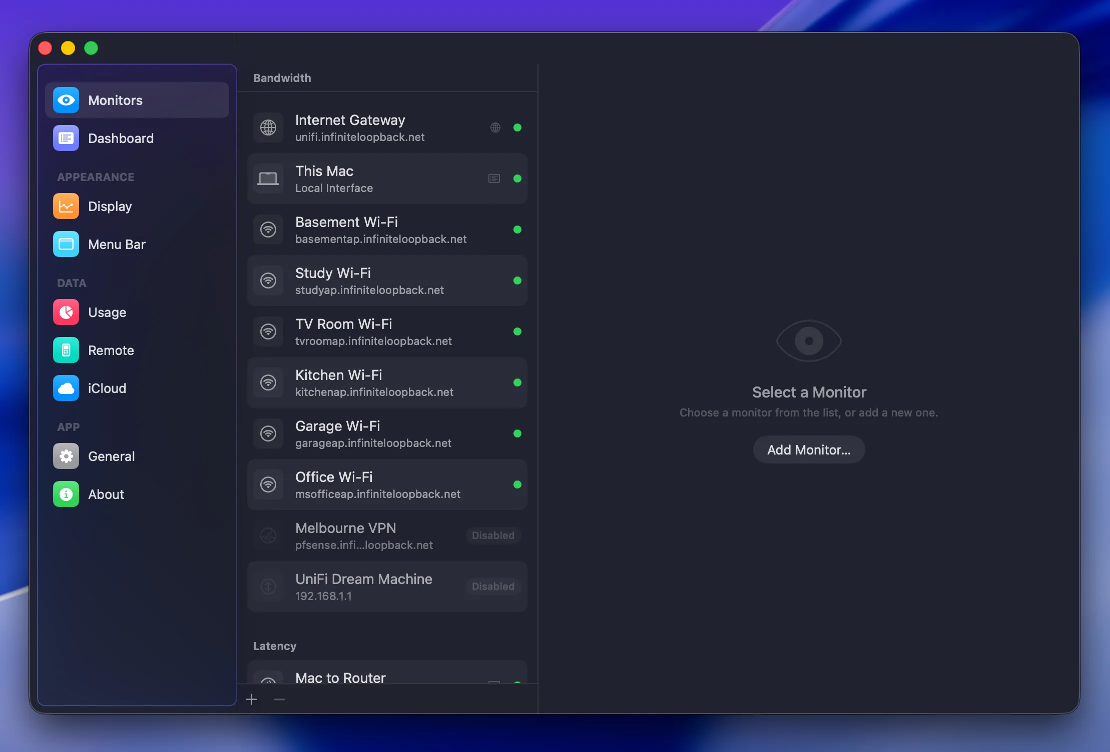 The PeakHour Settings window, with the section list down the left and the Monitors panel selected