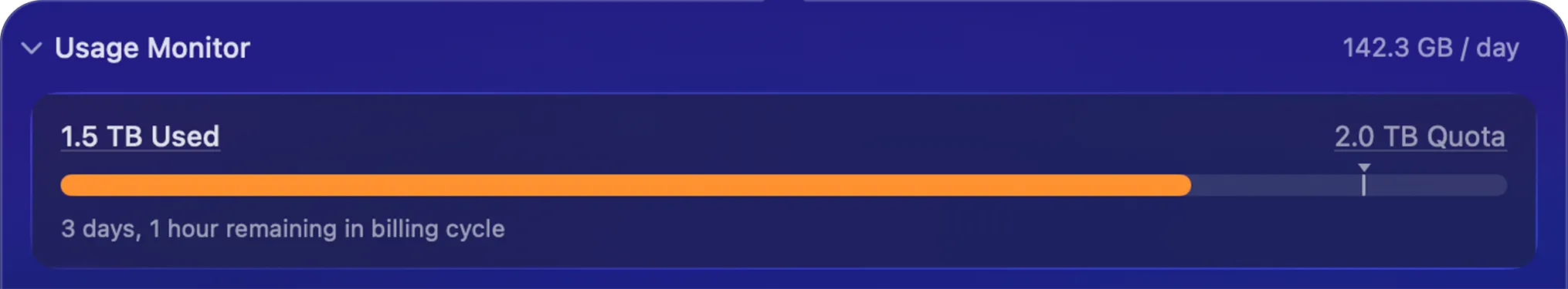Usage Monitor in the main window showing data used, quota, and time remaining in the billing cycle
